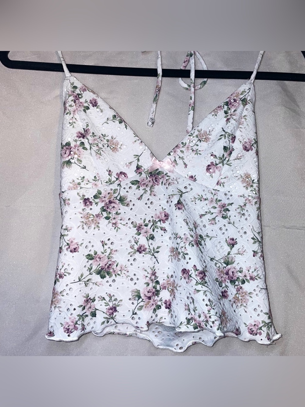 Rose Flower Print White Eyelette Bow Halter Crop Top Sz Small